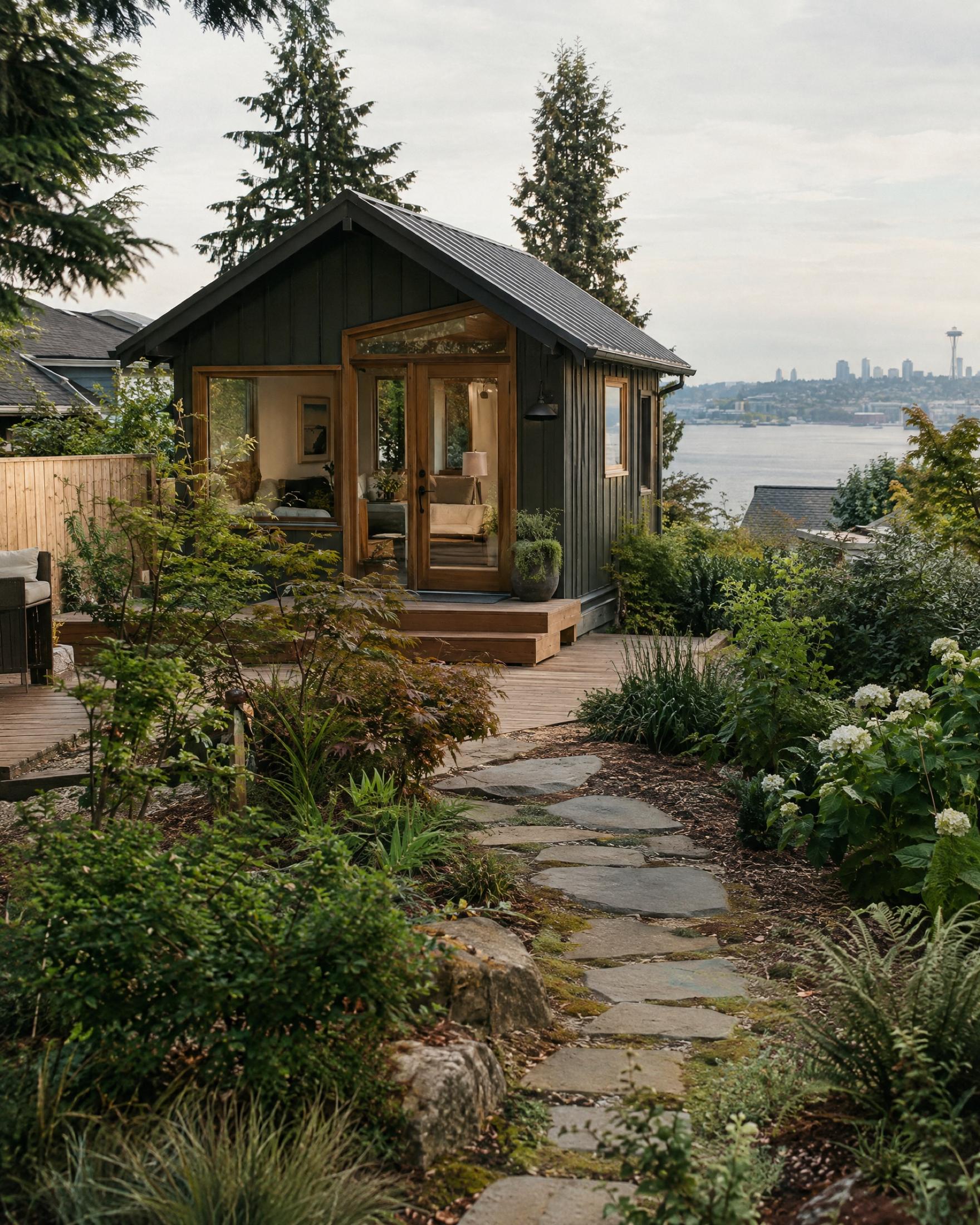 Small dark board-and-batten backyard cottage with a metal roof and wood-framed glass doors, reached by a stone path through a planted garden, with Elliott Bay and the Seattle skyline in the distance