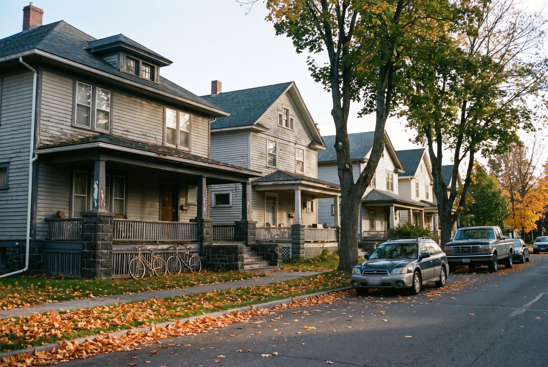 Older two-story wood-frame houses with deep front porches and bicycles on the railings along a leafy street in Spokane’s Logan neighborhood in autumn