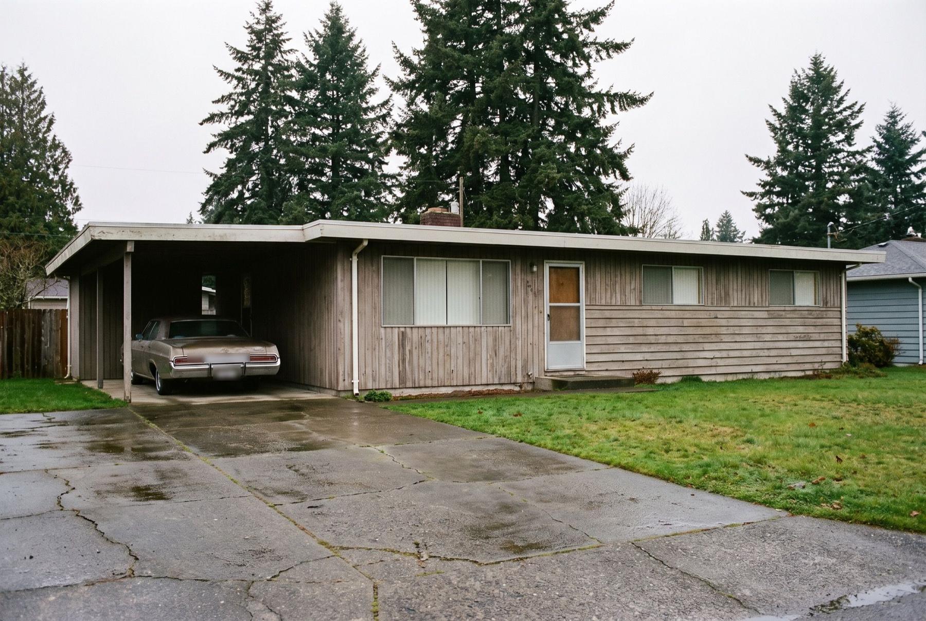 A modest 1960s single-story rambler with a carport on a quiet Kent street, tall Douglas firs behind the roofline under a grey sky