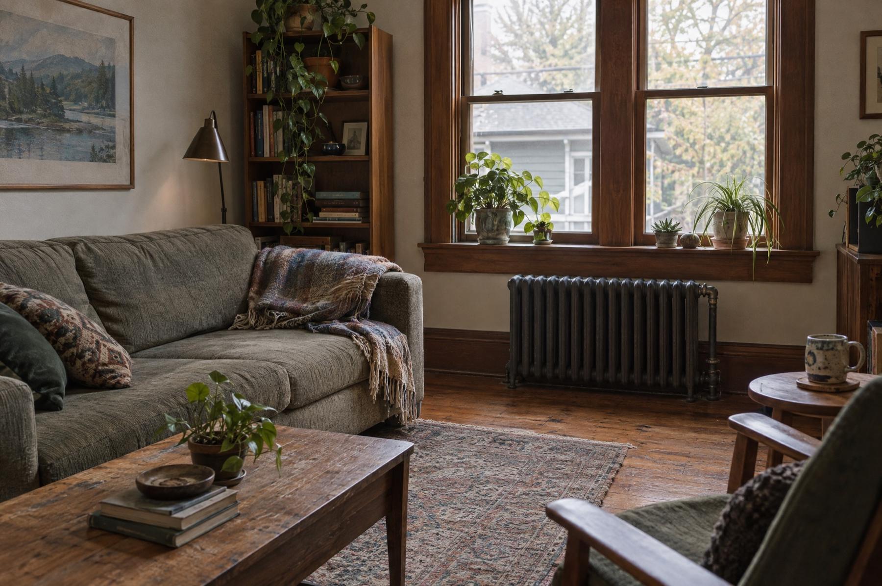 The lived-in living room of an occupied duplex unit, a worn sofa, houseplants on the windowsill and a cast iron radiator under a wood-trimmed window