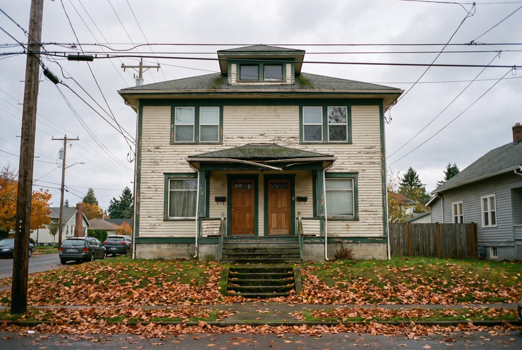 An early twentieth century Tacoma foursquare converted to a duplex, two front doors side by side on one covered porch, maple leaves on the parking strip