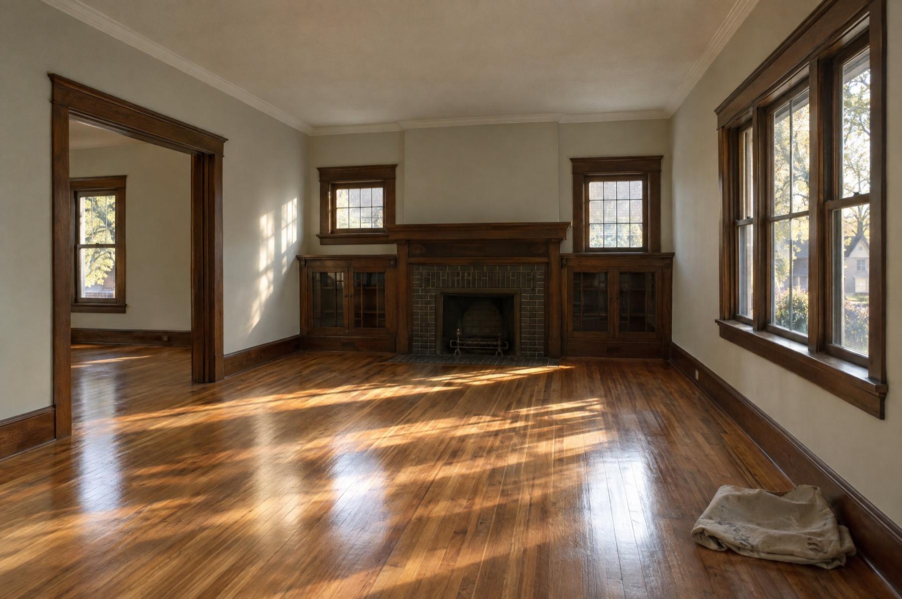 An empty, freshly painted living room in a vacant 1920s house with refinished fir floors, a folded drop cloth in the corner and low afternoon light