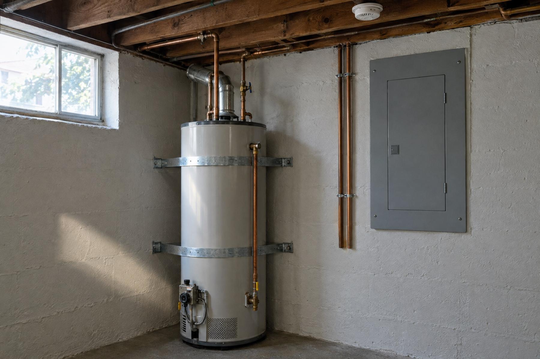 The basement utility corner of an older rental house, a gas water heater with seismic straps, a closed electrical panel and a smoke alarm on the joist