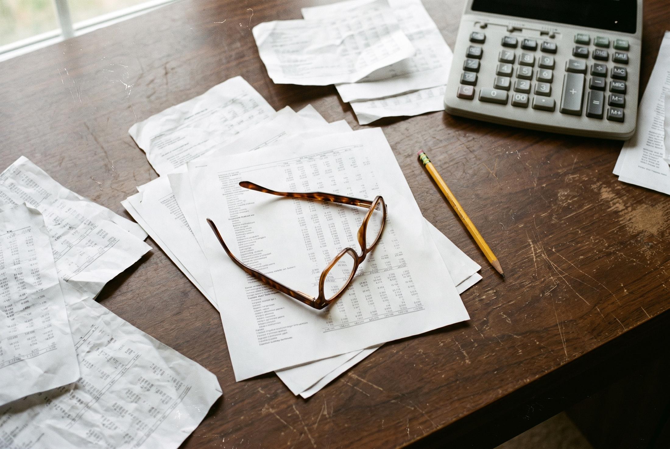 Printed spreadsheet pages spread across a worn wooden desk with tortoiseshell reading glasses, a yellow pencil, and a desktop calculator