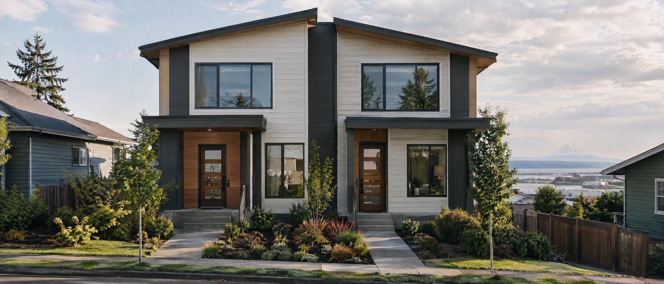 Modern two-story side-by-side duplex with white and charcoal siding, two covered wood-clad front entries with separate steps and walkways, and new landscaping, with a distant mountain and water beyond under afternoon light