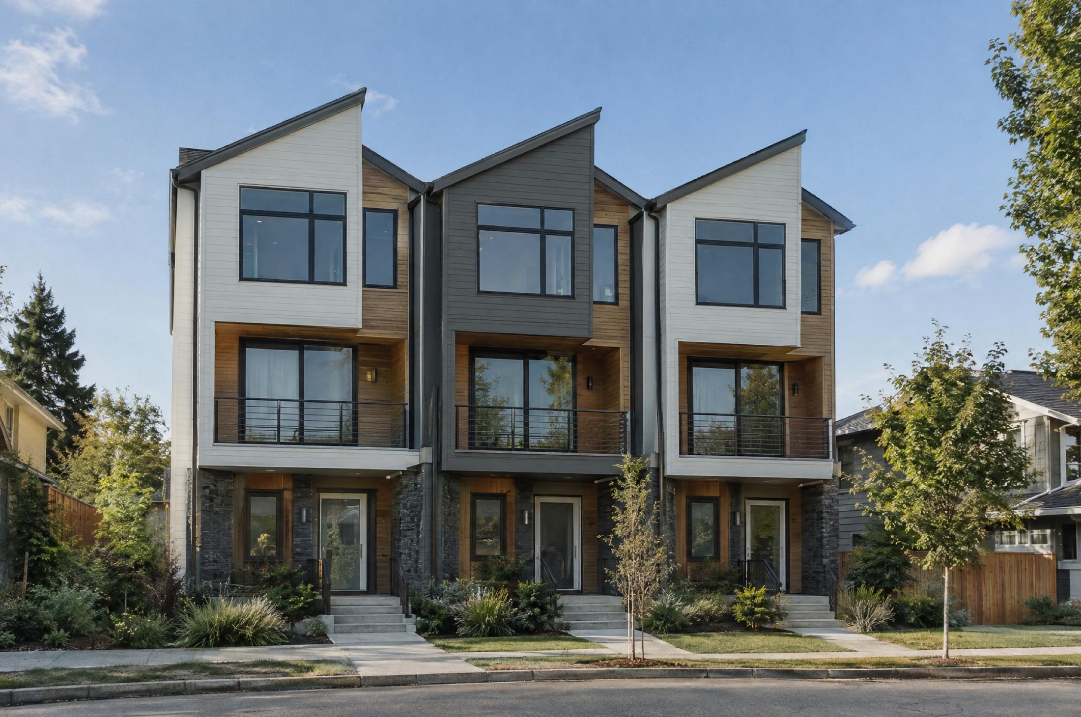 Three-story modern triplex of attached townhouses with white, grey, and cedar siding, stacked stone at street level, a balcony on each unit, and three separate front doors with steps, under a clear blue sky