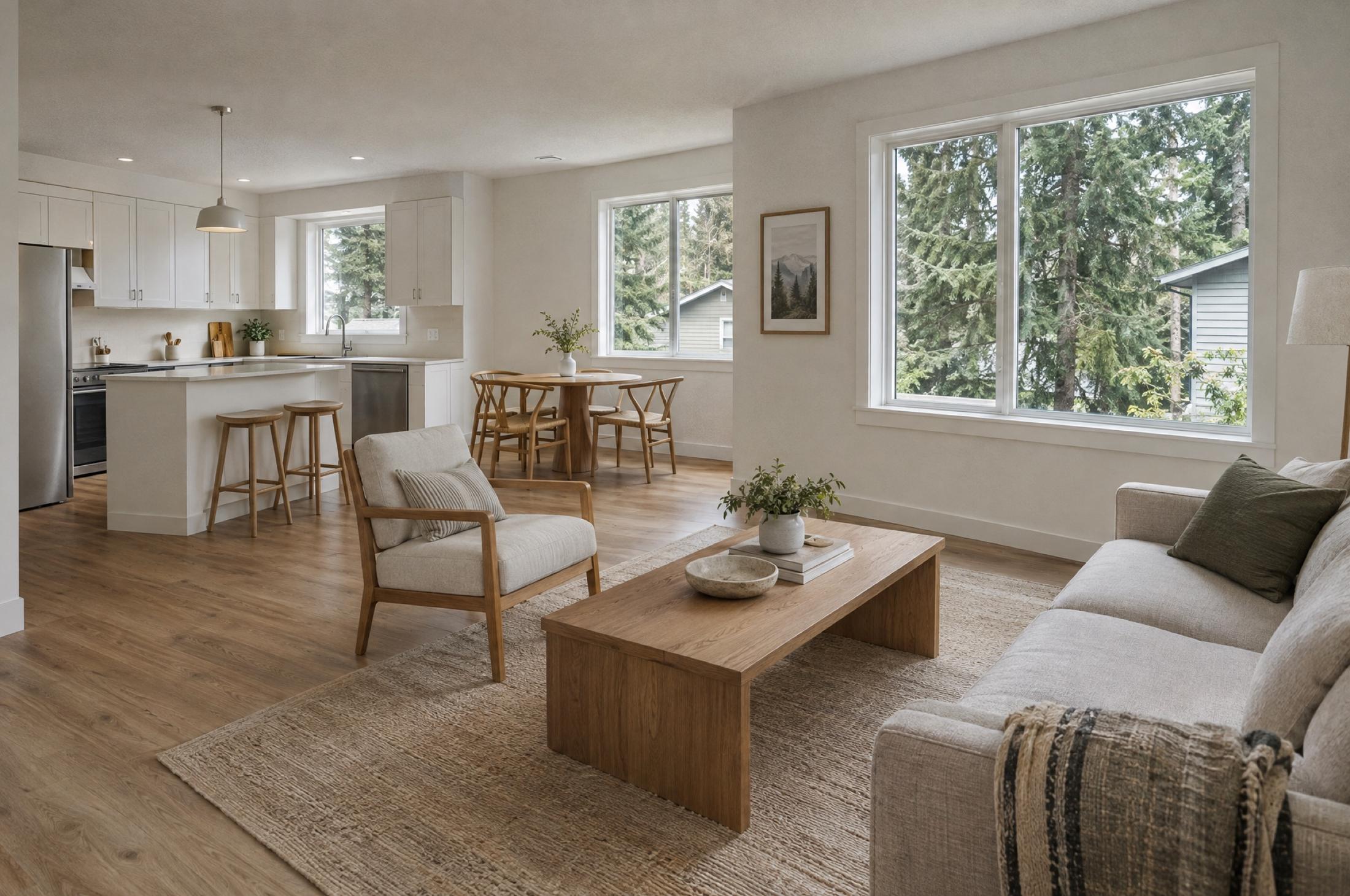 Renovated open-plan rental unit with light oak plank flooring, white walls, white shaker kitchen with an island and two stools, a round dining table, and a linen sofa, with windows looking out to evergreen trees and a neighboring house