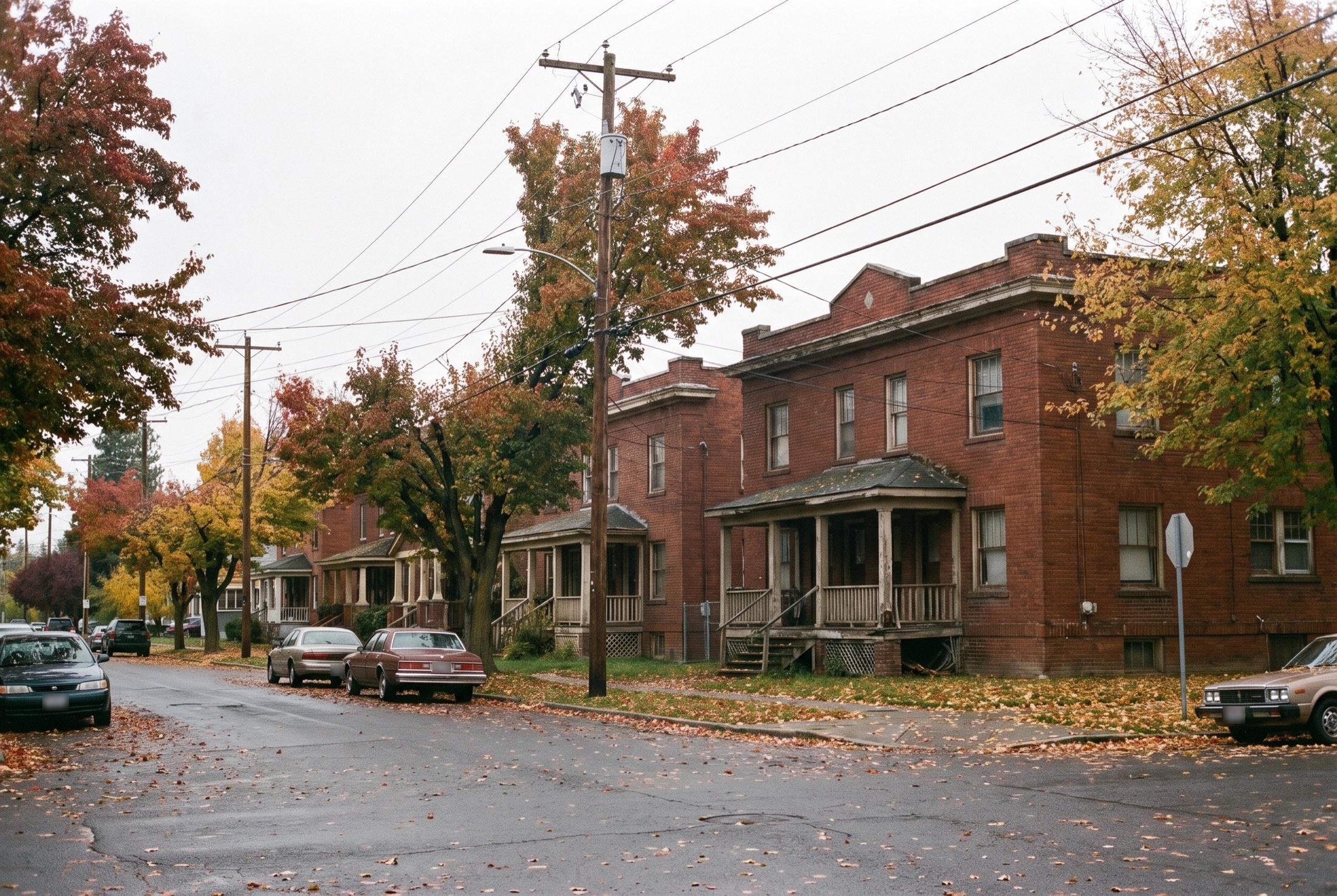 Two older red brick fourplex apartment buildings with covered front porches on a residential street, autumn leaves on the lawns and pavement, parked cars and overhead power lines under an overcast sky